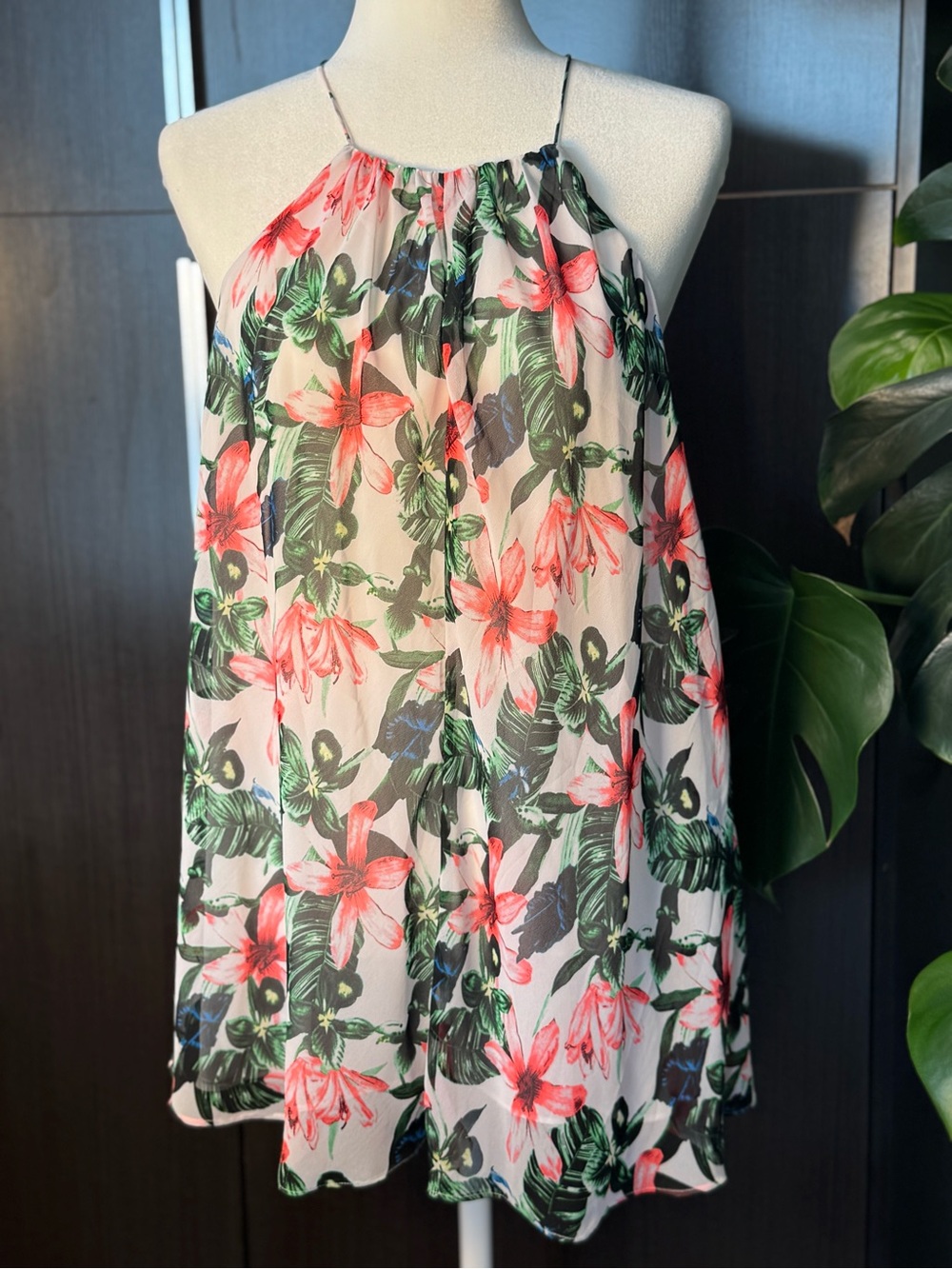 Vince Camuto White Floral Halter Tank with Pink & Green Print